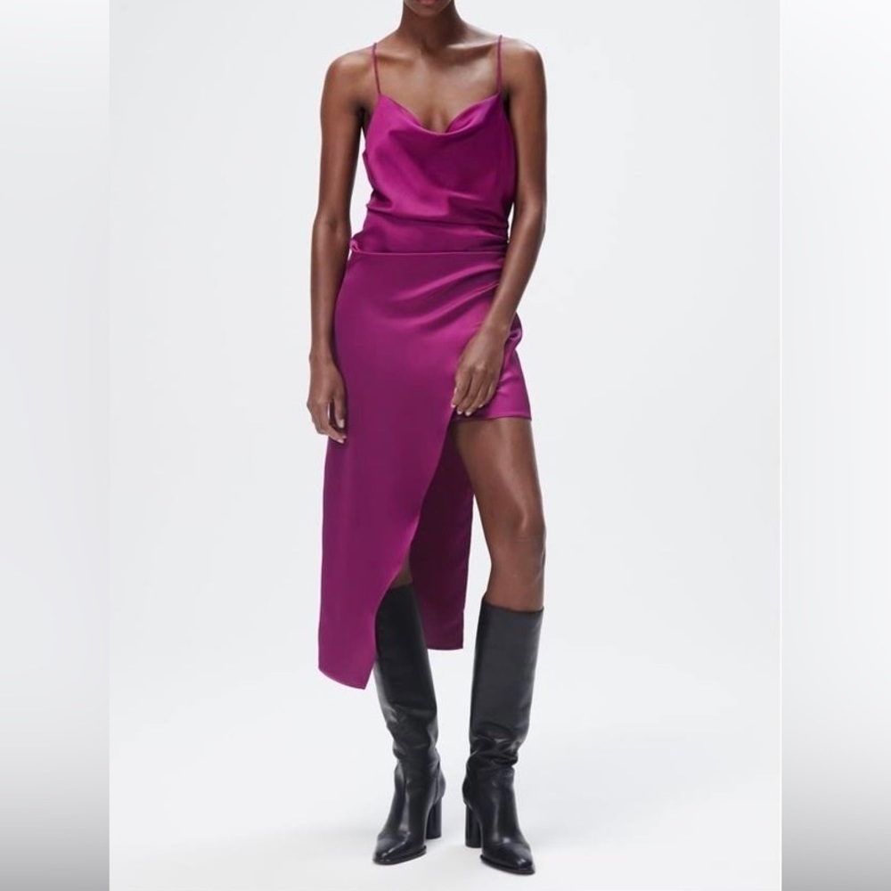 Zara Asymmetrical Midi Ruched Cowl Neck Slip Dress